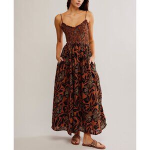Free People Boho Floral Midi Dress in Brown and Black